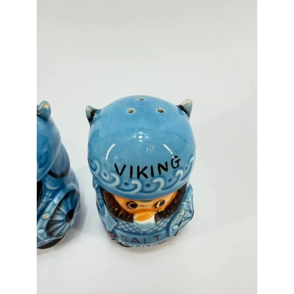 Vintage Viking Salt Pepper Shakers Japan Ceramic Blue Norse Figurines